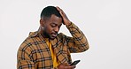 Student, man and phone with news, stress or confused for college results or mistake in studio. Face of african person on mobile with headache for university fail or loan rejection on white background