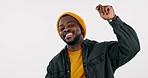 Happy, man and rapper dance in studio to celebrate party, success and hip hop promotion on white background. Portrait of african model, giveaway winner and musician in cool fashion, freedom and disco