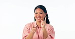 Happy, face and woman with hand pointing at you in studio for choice, opportunity or offer on white background. Hey, portrait and Asian lady model with vote, decision or welcome, emoji or invitation