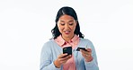 Happy asian woman, phone and credit card for online shopping or banking against a studio background. Female person or shopper with debit and mobile smartphone for ecommerce, payment or transaction