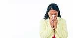 Sick, woman and tissue for blowing nose in studio, allergies and medical virus on white background. Asian model, sneeze and mockup space for sinusitis, allergy and bacteria of influenza infection 