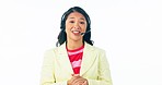 Business woman, call center and communication for customer services, online meeting or virtual pitch in studio. Face of professional asian consultant talking in video or chat on a white background