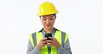 Engineer, smile and woman with a smartphone, typing and employee isolated on a white studio background. Person, happy model and architecture with a cellphone, mobile user and contact with digital app
