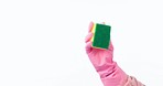 Hand, cleaning and person with sponge for hygiene, disinfect or housework isolated in a studio white background. Closeup, domestic work and janitor with sanitizer washing with glove for bacteria