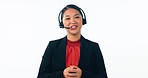 Call center, agent and customer service consultant talking or consulting isolated in studio white background. Portrait, headset and telemarketing employee with online advice or information as support