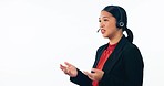 Business woman, consultant and call center communication, customer support or virtual advice in studio mockup. Professional agent or asian advisor speaking on headphones, banner and white background
