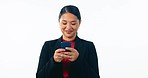 Business woman, cellphone or typing in studio for social network, reading mobile news app and digital contact. Happy asian worker scroll on phone, chat or search media information on white background