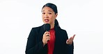 Microphone, news and face of woman in studio with television presentation or broadcast on white background. Speaker, portrait and Asian female reporter or host with talk show, communication or info