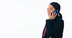 Business woman, talking and phone call in studio for consulting, chat and communication on white background. Asian worker, mobile and contact for feedback, conversation or negotiation at mockup space