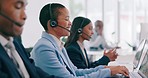 Call center, laptop video call and happy black woman consulting on tech support, customer service or help desk. Outsourcing, webinar consultation and startup business agent discussion on telecom chat