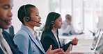 Call center, laptop video call or business black woman consulting on tech support, customer service or help desk. Communication, webinar consultation or telemarketing agent discussion on telecom chat