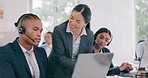 Call center, mentor coaching and business people on computer for customer service, support or sales in office. Laptop, training and happy woman help black man, telemarketing internship and teamwork