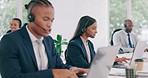 Telemarketing, laptop video call and professional woman on tech support service, customer care or help desk. Communication, coworking space or telemarketing consultant chat on online advisory webinar