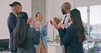 Business people, applause and staff with achievement, teamwork and promotion in a workplace. Group, manager and employees clapping, celebration and cooperation with success, motivation and support