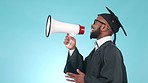 Speech, graduation and a black man with a megaphone on a blue background for an announcement. School, communication and an African male graduate with a voice for college achievement or success