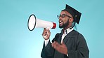 Talking, graduation and a black man with a megaphone on a blue background for an announcement. School, communication and an African male graduate with a speech for college achievement or success