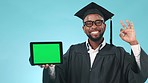 Green screen, pointing and black man with a tablet in a studio with mockup for marketing or advertising. Tracking markers, chroma key and portrait of African man university graduate with technology.