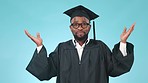 Comparison, doubt and face of man graduate in a studio with mockup space for marketing or advertising. Unsure, uncertain and African male university student with balance gesture by blue background.