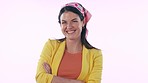 Smile, crossed arms and face of woman in a studio with excited, positive and confident attitude. Happy, fashion and portrait of young female model from Canada with style isolated by white background.