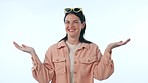 Happy woman, palm and decision in choice, advertising or marketing against a studio background. Portrait of female person smile with hands out in happiness for selection or advertisement on mockup