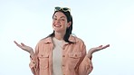 Happy woman, pointing and palm with decision in choice, advertising or marketing against a studio background. Portrait of female person smile with hands out in selection or advertisement on mockup