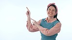 Pointing, excited and face of woman in studio with mockup space for marketing or advertising. Happy, mock up and portrait of young female model from Canada with show hand gesture by white background.