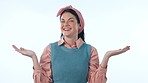 Balance, option and face of woman in studio with mockup space for marketing or advertising. Choice, comparison and portrait of young female model from Canada with decision gesture by white background