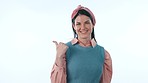 Mockup, smile and face of woman in a studio with empty space for marketing or advertising. Happy, mock up and portrait of young female model from Canada with show hand gesture by white background.