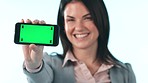 Face, hands and woman with phone green screen for advertising space, business ads and tracking markers in studio. Portrait, happy worker and show mobile mockup, newsletter or deal on white background