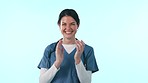 Happy woman, doctor and applause in celebration, thank you or success against a studio background. Portrait of female person, medical or healthcare nurse smile and clapping in happiness for promotion