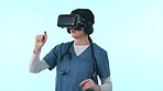 Woman, nurse and virtual reality glasses, future technology in healthcare and medicine with user experience in studio. Medical innovation, futuristic vr and doctor on blue background with ai software