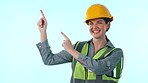 Studio construction, happy woman or architect pointing at engineering design, commercial news or advertising. Face of contractor, building project notification or architecture promo blue background