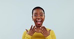 Shocked, surprise and portrait of a woman in studio happy, shouting and excited about wow news. Winner, celebrate and a black female person on a white background for announcement, luck or success