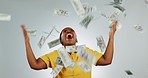 Money rain, wow and celebration dance by black woman in studio with investment, success or payment. Casino, poker and African female winner with financial freedom, prize or bingo, award and cash sale