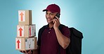 Box delivery, studio phone call and man on courier conversation, shipping conversation or contact logistics service. Cellphone, distribution or person talking on retail export chat on blue background