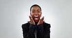 Black woman in business, surprise for bonus from work and promotion with happiness on white background. Corporate reward, benefits and wow reaction for winning, excited shouting and success in studio