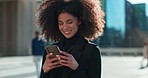 Designer, mobile app or happy woman in city on social media, internet post or web chat notification. News blog, smile or girl entrepreneur on smartphone texting, networking or typing online in town