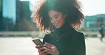 Happy, phone or businesswoman in city on social media to chat on internet post or website notification. News info, street or female entrepreneur texting, networking or typing online on mobile app