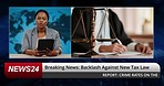 Breaking news, law or woman in tv studio for taxes information, public feedback or legal report. Television show, African presenter or face of black woman in broadcast for justice review for rights