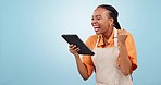 Woman, tablet and cheers for celebration, studio or mockup space with goals by blue background. African server girl, digital touchscreen and success with profit, investing or salary at restaurant job