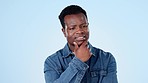 Man, confused and thinking in studio with doubt, brainstorming why and stress for problem solving on blue background. African model dont know solution of decision, worry about future and forgot ideas