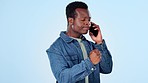 Phone call, stress and frustrated black man talking in studio isolated on blue background mockup space, Smartphone, conversation and angry person shouting, listen to fake news or complaint on mobile