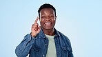 Face, happy man and hand pointing at you in studio with invitation, calling or offer on blue background. Smile, portrait and African guy model with finger choice, welcome and come sign or opportunity