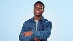 Face, black man and hand pointing in studio with choice, comparison or feedback on blue background. Review, advice and portrait of male model show quote, results or conclusion, vote or decision