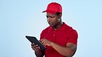 Tablet, confused and man on blue background for delivery, shipping and online shopping logistics. Ecommerce, supply chain and person on digital tech with problem, crisis and internet issue in studio