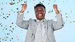 Excited black man, fist pump and celebration in confetti for winning, promotion or vote against a studio background. Happy African businessman smile in victory for bonus, election or achievement