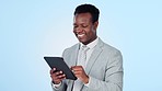 Happy black man, tablet and research for communication, social media or networking against a studio background. African businessman smile with technology for online search or browsing on mockup space