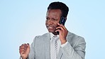 Business, phone call and black man with anger, shouting and stress on a blue studio background. African person, model or employee with a smartphone, frustrated and screaming with connection or crisis