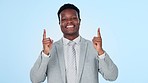 Pointing up, face or happy businessman in studio on blue background for mockup space promotion. Black man, contact or African financial advisor showing a deal offer, announcement or investment news