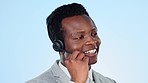 Call center, studio or black man in communication, speaking or talking to help in customer services. Blue background, virtual assistant or African financial advisor with microphone in CRM for support